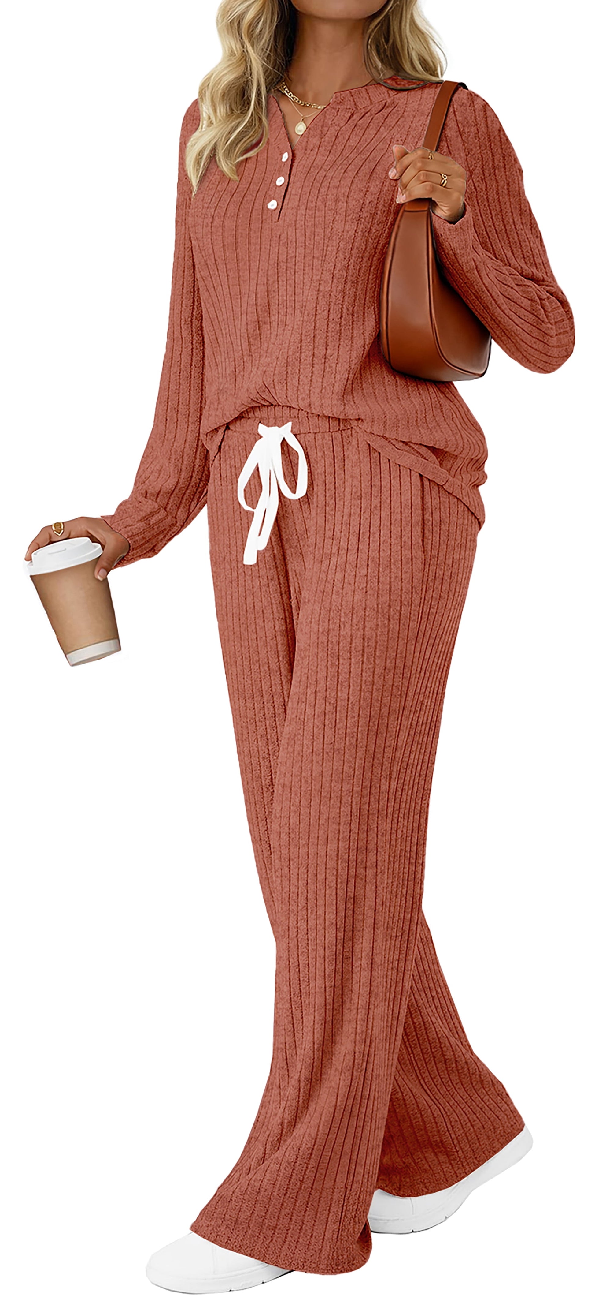Two Piece Lounge Sets for Women Fall Travel Outfits Henley Neck Sweater Tops Wide Leg Pants Matching Sets Pajamas Clothes