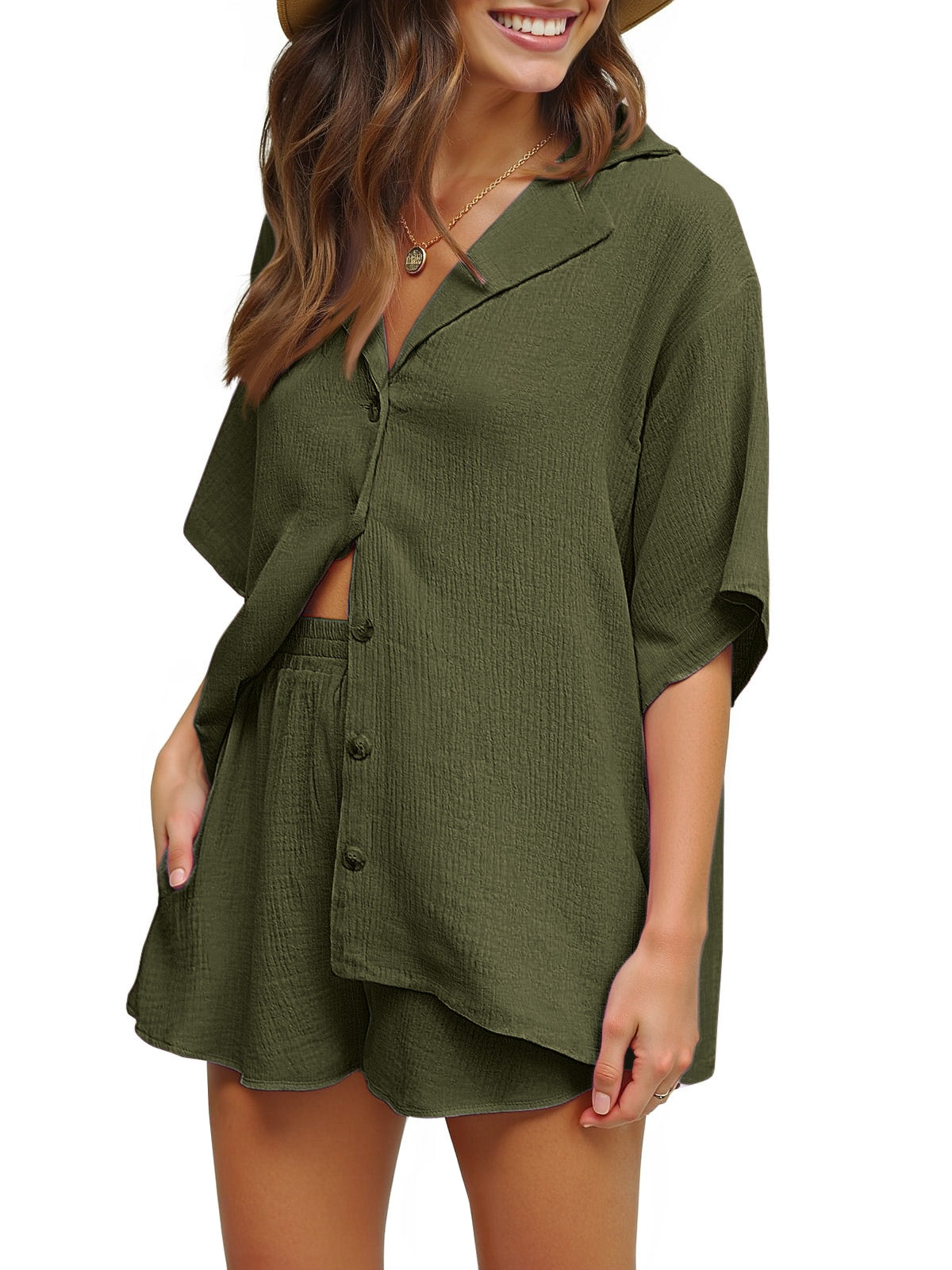 2 Piece Womens Outfit Sets Button down Shirts and Shorts Casual Lounge Sets Short Sleeve Pajamas Sets Summer Loungewear