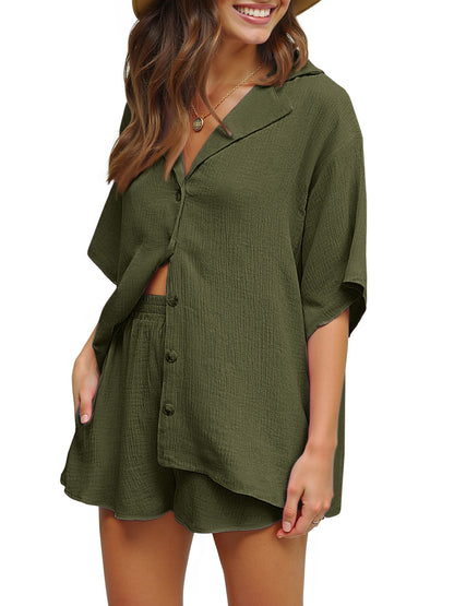 2 Piece Womens Outfit Sets Button down Shirts and Shorts Casual Lounge Sets Short Sleeve Pajamas Sets Summer Loungewear