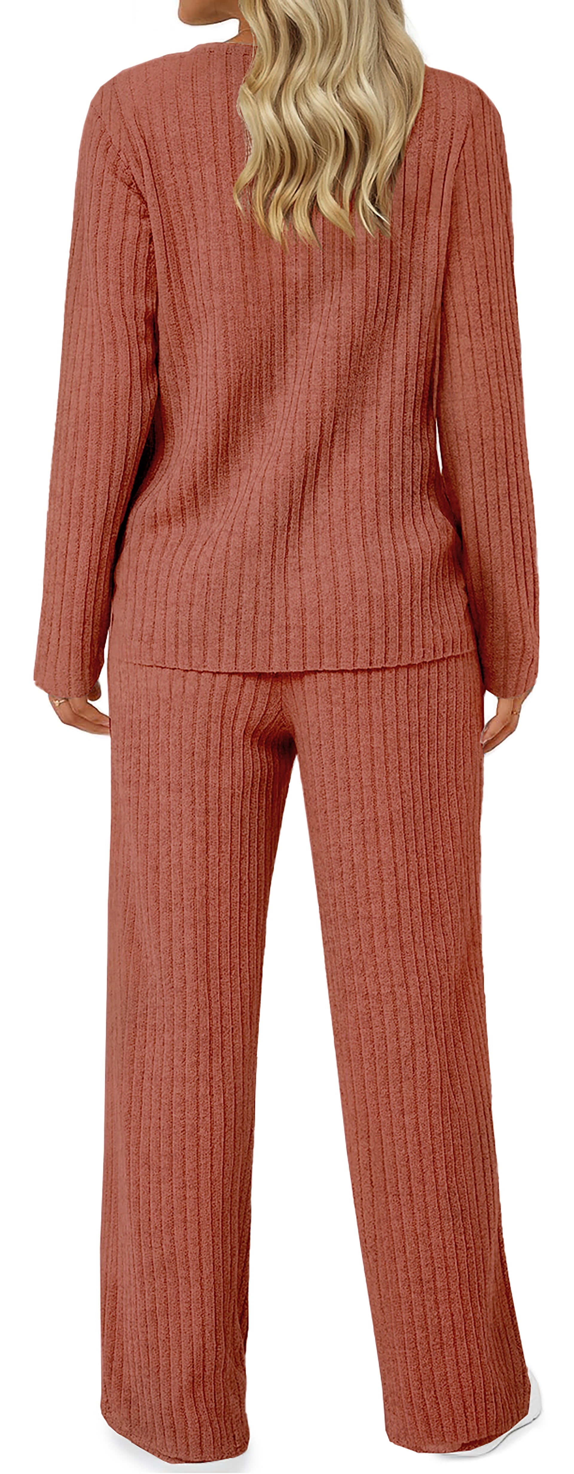 Two Piece Lounge Sets for Women Fall Travel Outfits Henley Neck Sweater Tops Wide Leg Pants Matching Sets Pajamas Clothes