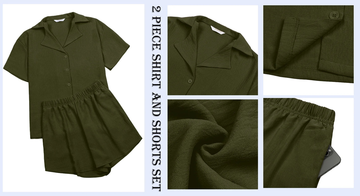 2 Piece Womens Outfit Sets Button down Shirts and Shorts Casual Lounge Sets Short Sleeve Pajamas Sets Summer Loungewear