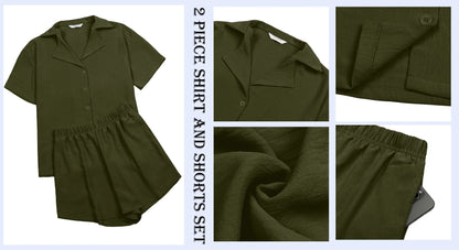 2 Piece Womens Outfit Sets Button down Shirts and Shorts Casual Lounge Sets Short Sleeve Pajamas Sets Summer Loungewear