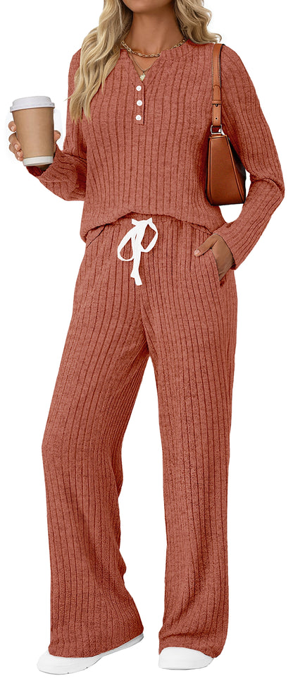 Two Piece Lounge Sets for Women Fall Travel Outfits Henley Neck Sweater Tops Wide Leg Pants Matching Sets Pajamas Clothes