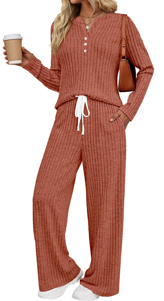 Two Piece Lounge Sets for Women Fall Travel Outfits Henley Neck Sweater Tops Wide Leg Pants Matching Sets Pajamas Clothes