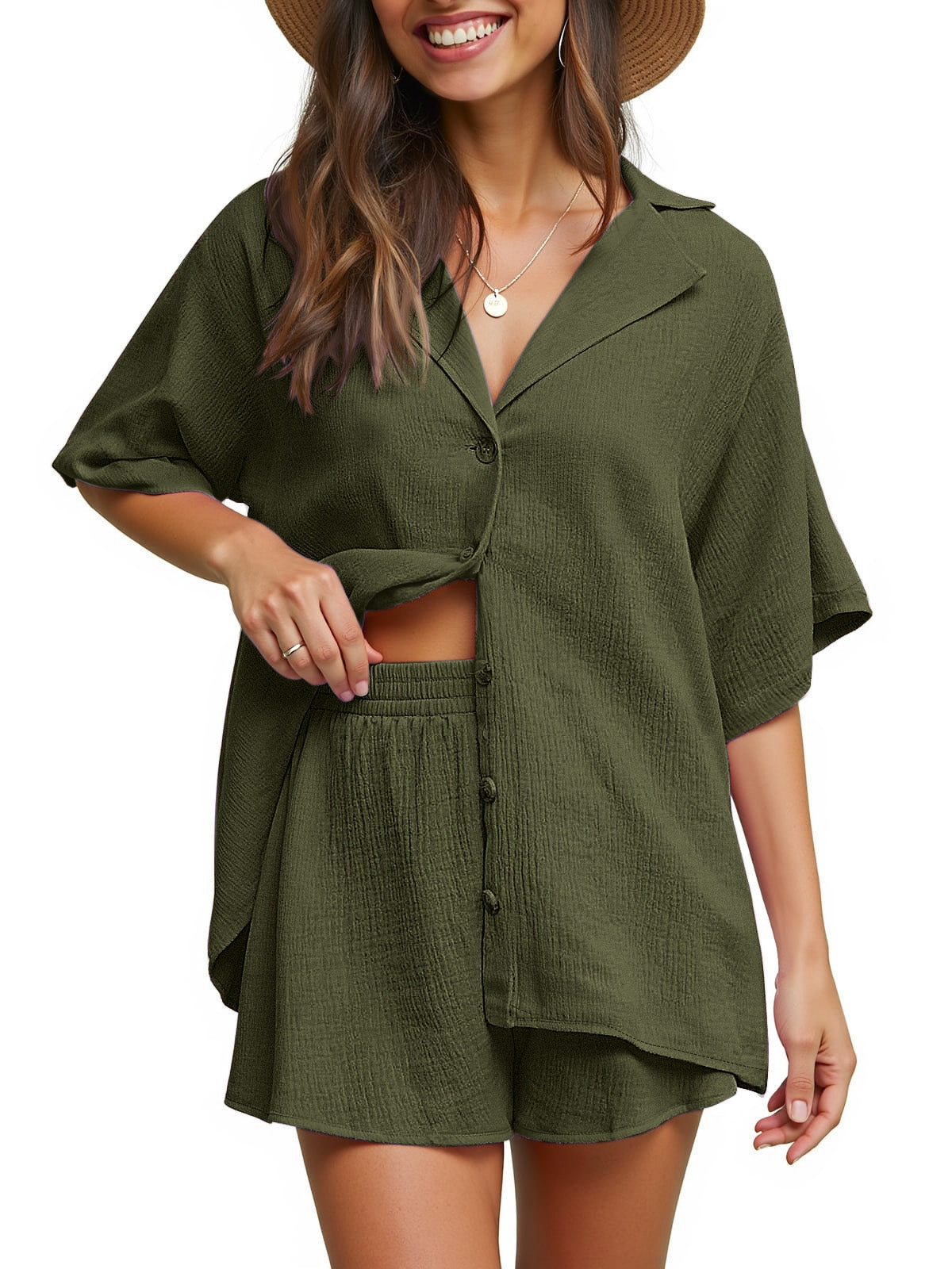 2 Piece Womens Outfit Sets Button down Shirts and Shorts Casual Lounge Sets Short Sleeve Pajamas Sets Summer Loungewear
