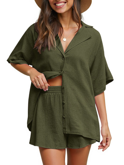 2 Piece Womens Outfit Sets Button down Shirts and Shorts Casual Lounge Sets Short Sleeve Pajamas Sets Summer Loungewear