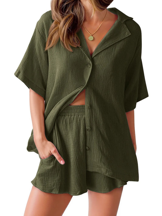 2 Piece Womens Outfit Sets Button down Shirts and Shorts Casual Lounge Sets Short Sleeve Pajamas Sets Summer Loungewear